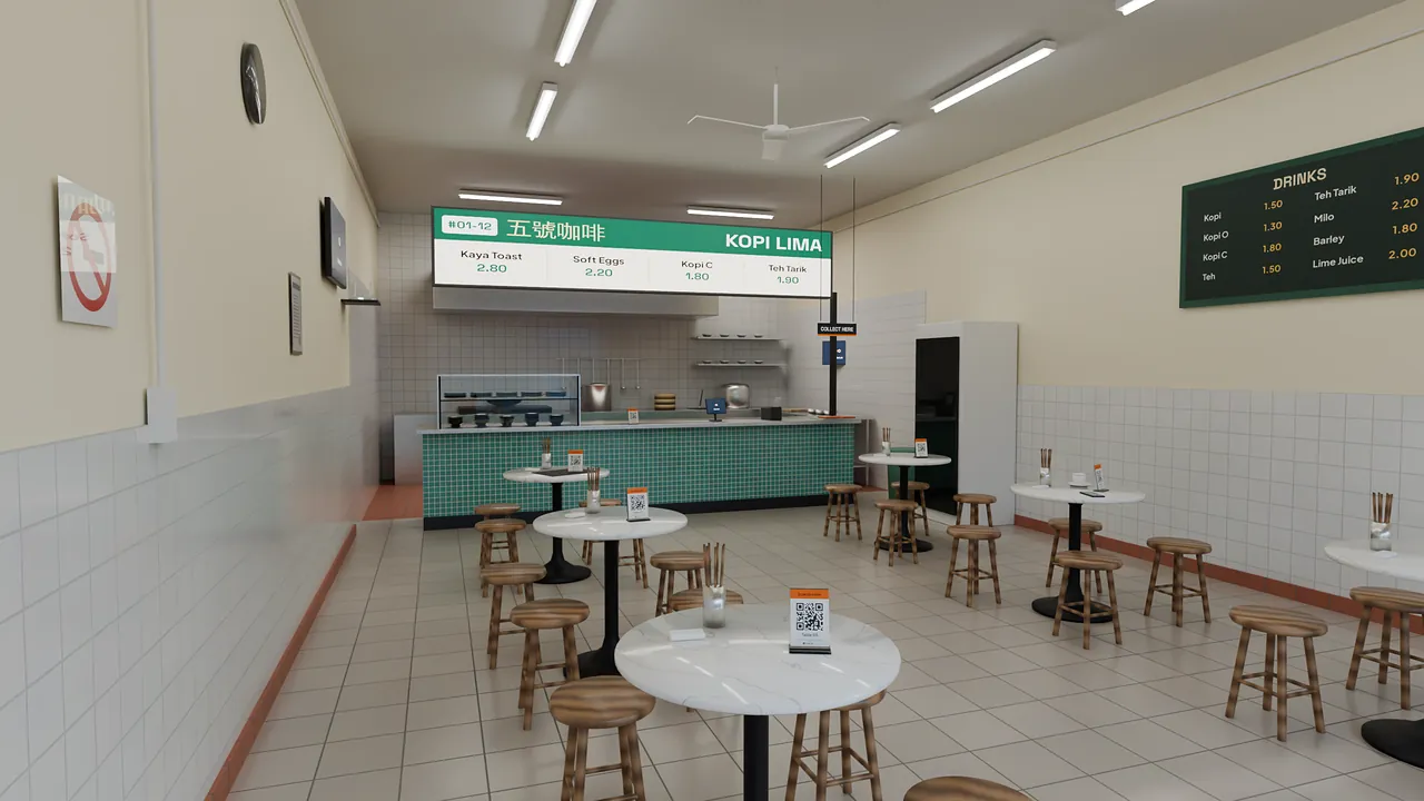 Kopi Lima before the lunch service: marble tables and wooden stools on a tiled floor, the Kopi Lima lightbox over a tiled stall counter with the kitchen behind, a drinks board on the right-hand wall and ceiling fans above.