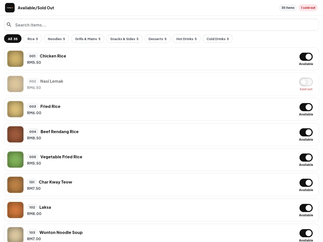 Available or sold out screen: a searchable list of 35 menu items, each with a switch, with Nasi Lemak switched off and marked sold out.