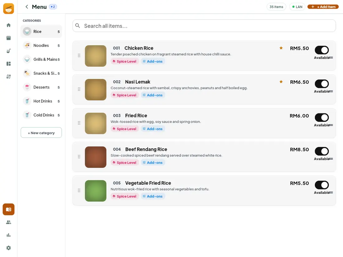 Menu management screen listing categories and items with prices, and controls to add or edit them.