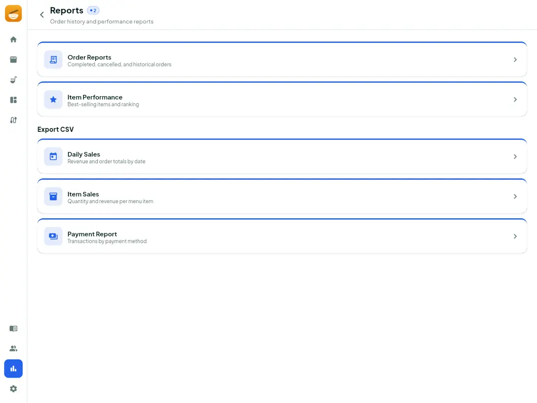 Reports screen showing sales figures and breakdowns for the selected period.