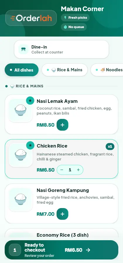 The customer's ordering page in a phone browser, showing the stall name, dine-in mode, category chips and dishes with prices and add buttons.